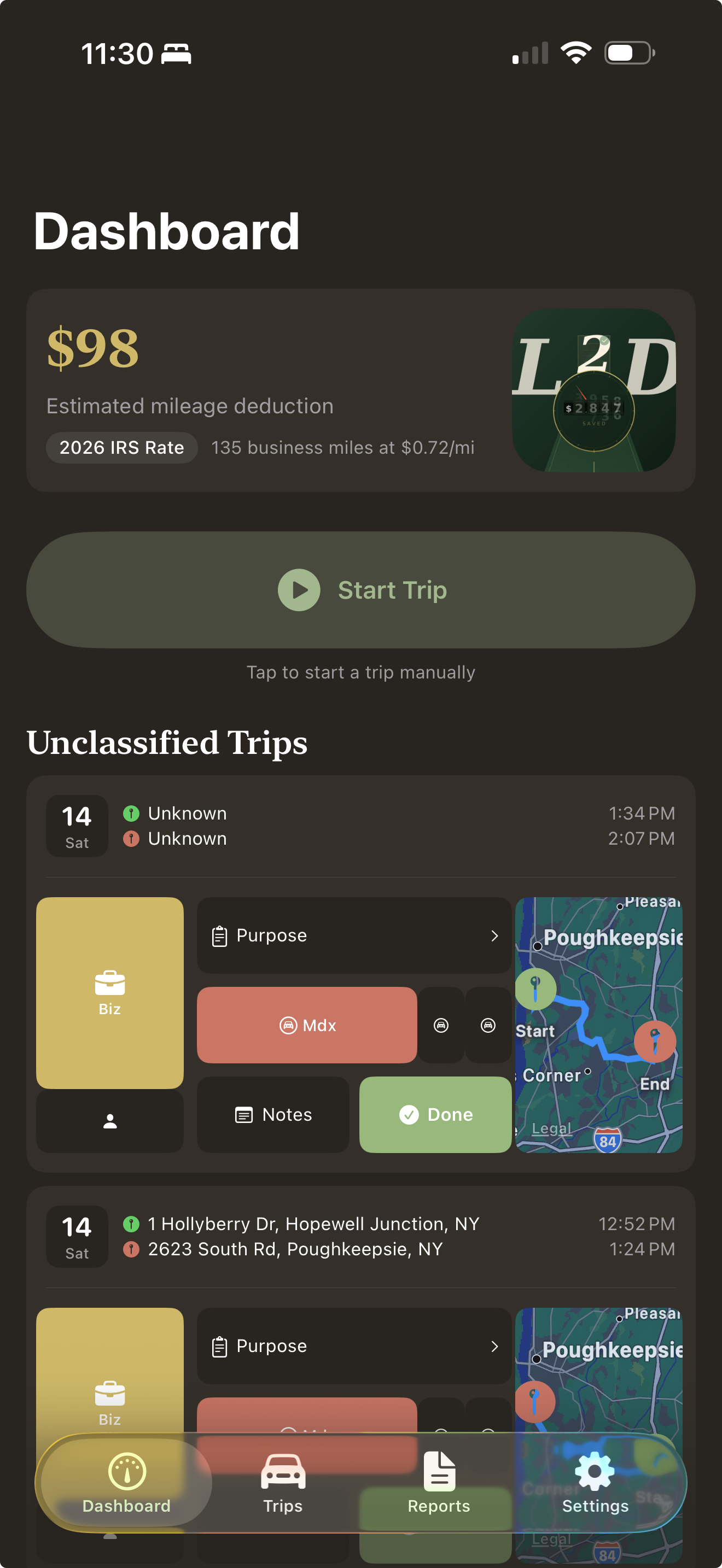 License to Deduct dashboard showing mileage deductions and trip classification